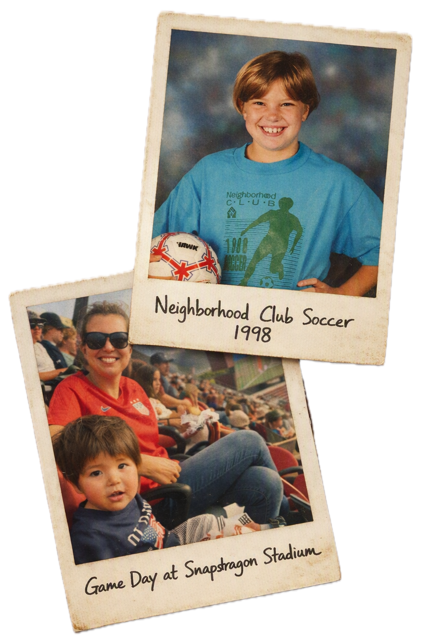 Natalie as a youth soccer player in 1998 and at a game at Snapdragon Stadium